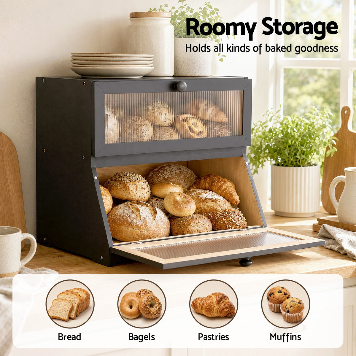 Artiss Bamboo Bread Box 2-Tier Kitchen Countertop Storage 40cm Black Awezingly