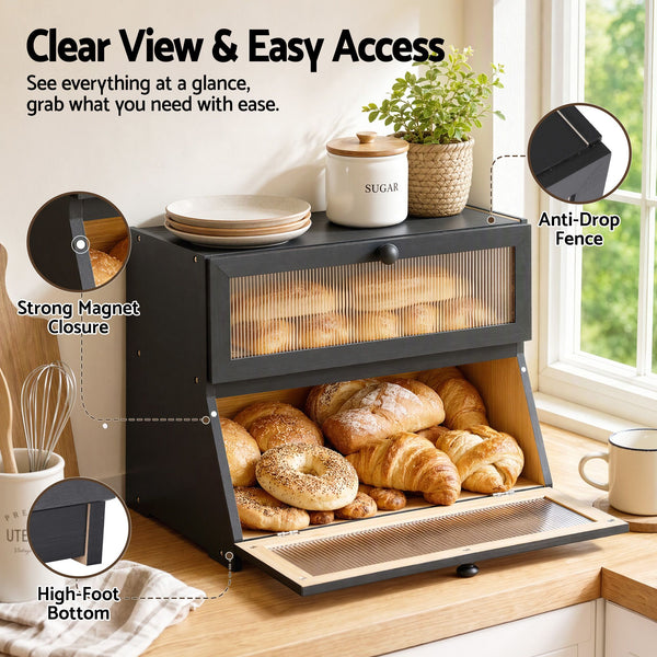 Artiss Bamboo Bread Box 2-Tier Kitchen Countertop Storage 40cm Black Awezingly