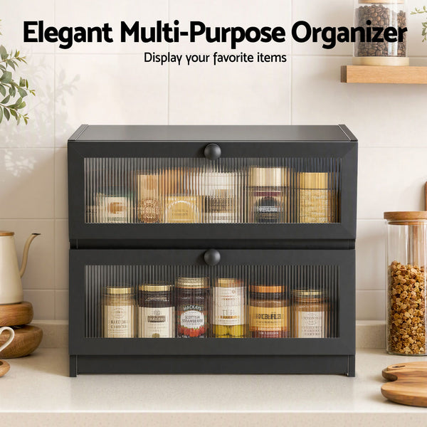 Artiss Bamboo Bread Box 2-Tier Kitchen Countertop Storage 40cm Black Awezingly