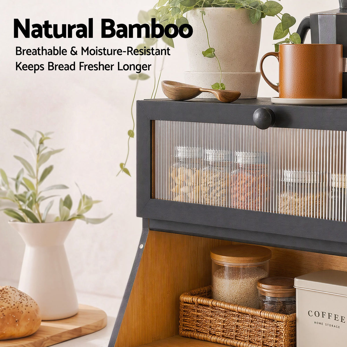 Artiss Bamboo Bread Box 2-Tier Kitchen Countertop Storage 40cm Black Awezingly