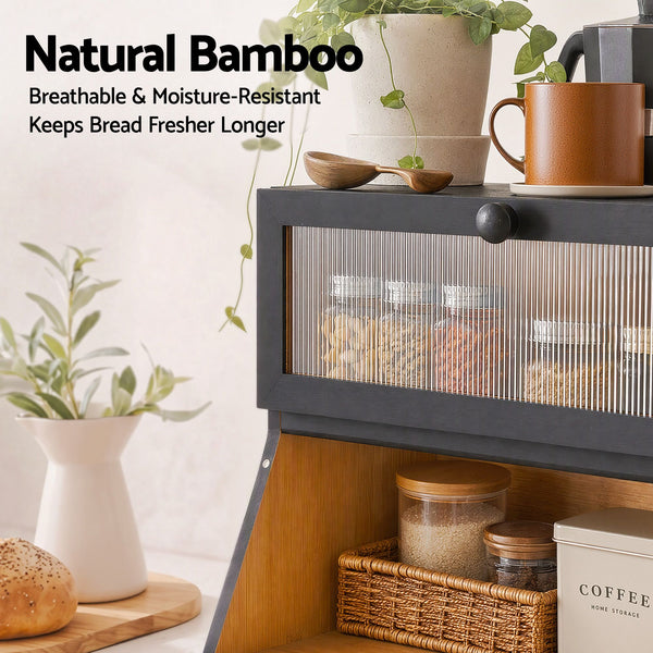 Artiss Bamboo Bread Box 2-Tier Kitchen Countertop Storage 40cm Black Awezingly
