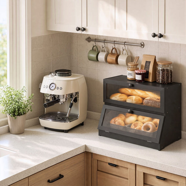 Artiss Bamboo Bread Box 2-Tier Kitchen Countertop Storage 40cm Black Awezingly