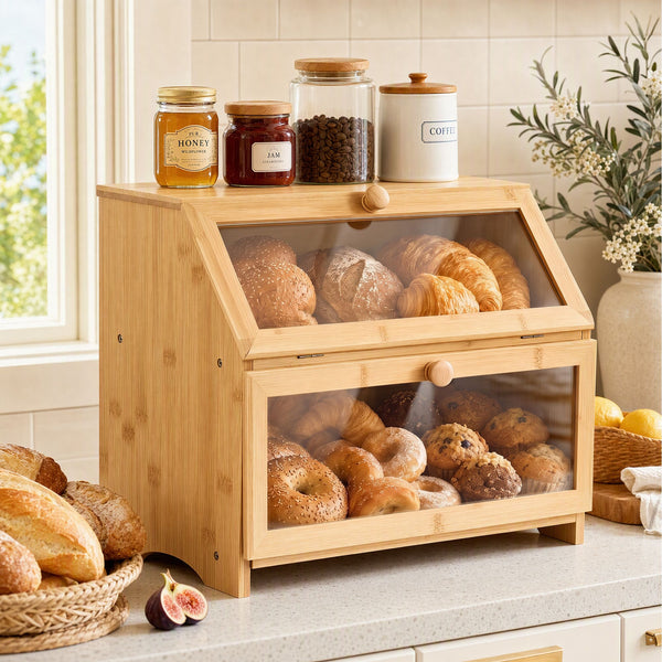 Artiss Bamboo Bread Box 2-Tier Kitchen Countertop Storage 39cm Natural Awezingly
