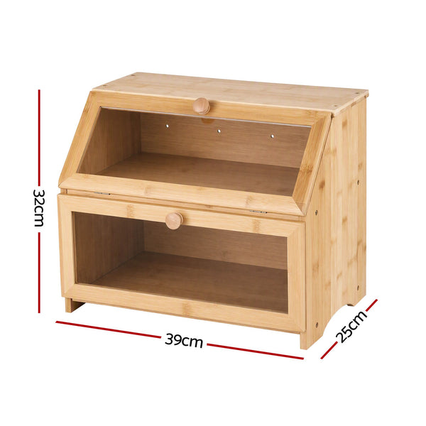 Artiss Bamboo Bread Box 2-Tier Kitchen Countertop Storage 39cm Natural Awezingly