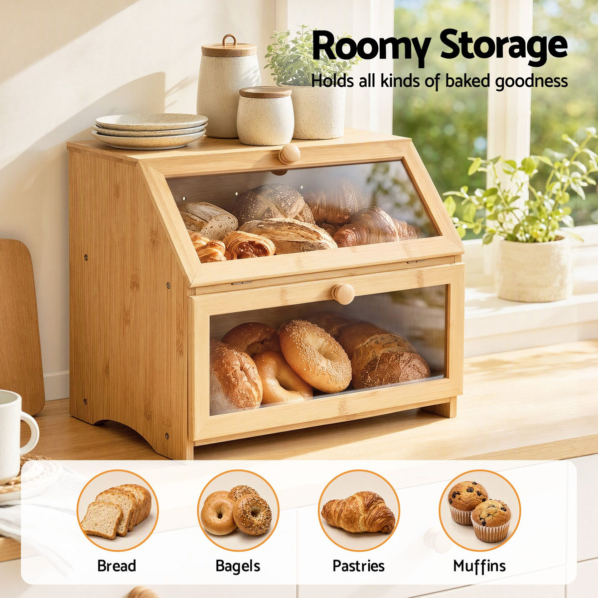 Artiss Bamboo Bread Box 2-Tier Kitchen Countertop Storage 39cm Natural Awezingly