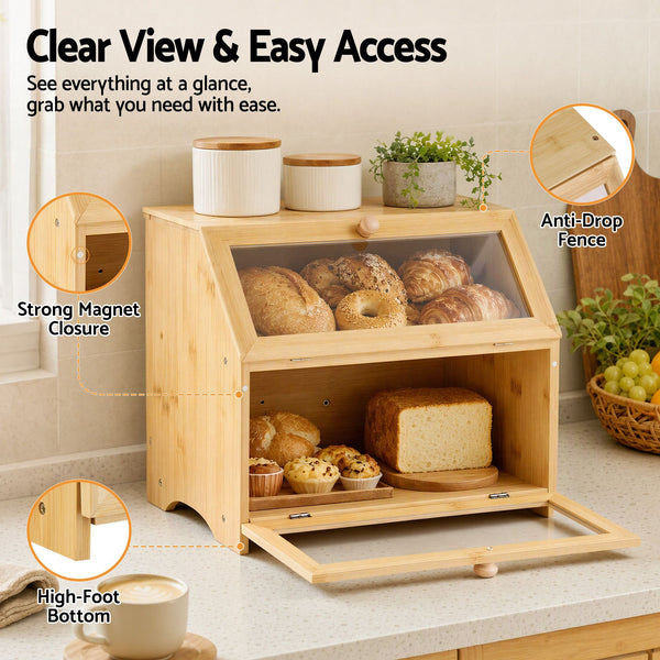 Artiss Bamboo Bread Box 2-Tier Kitchen Countertop Storage 39cm Natural Awezingly