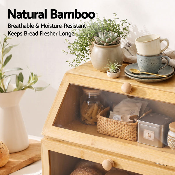 Artiss Bamboo Bread Box 2-Tier Kitchen Countertop Storage 39cm Natural Awezingly