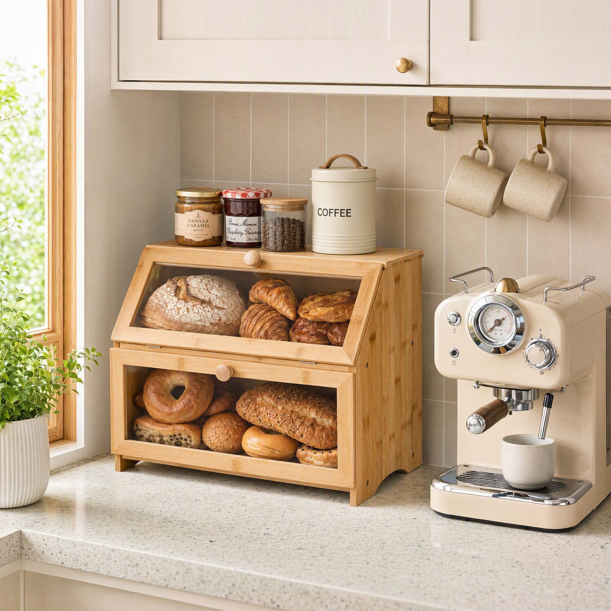 Artiss Bamboo Bread Box 2-Tier Kitchen Countertop Storage 39cm Natural Awezingly