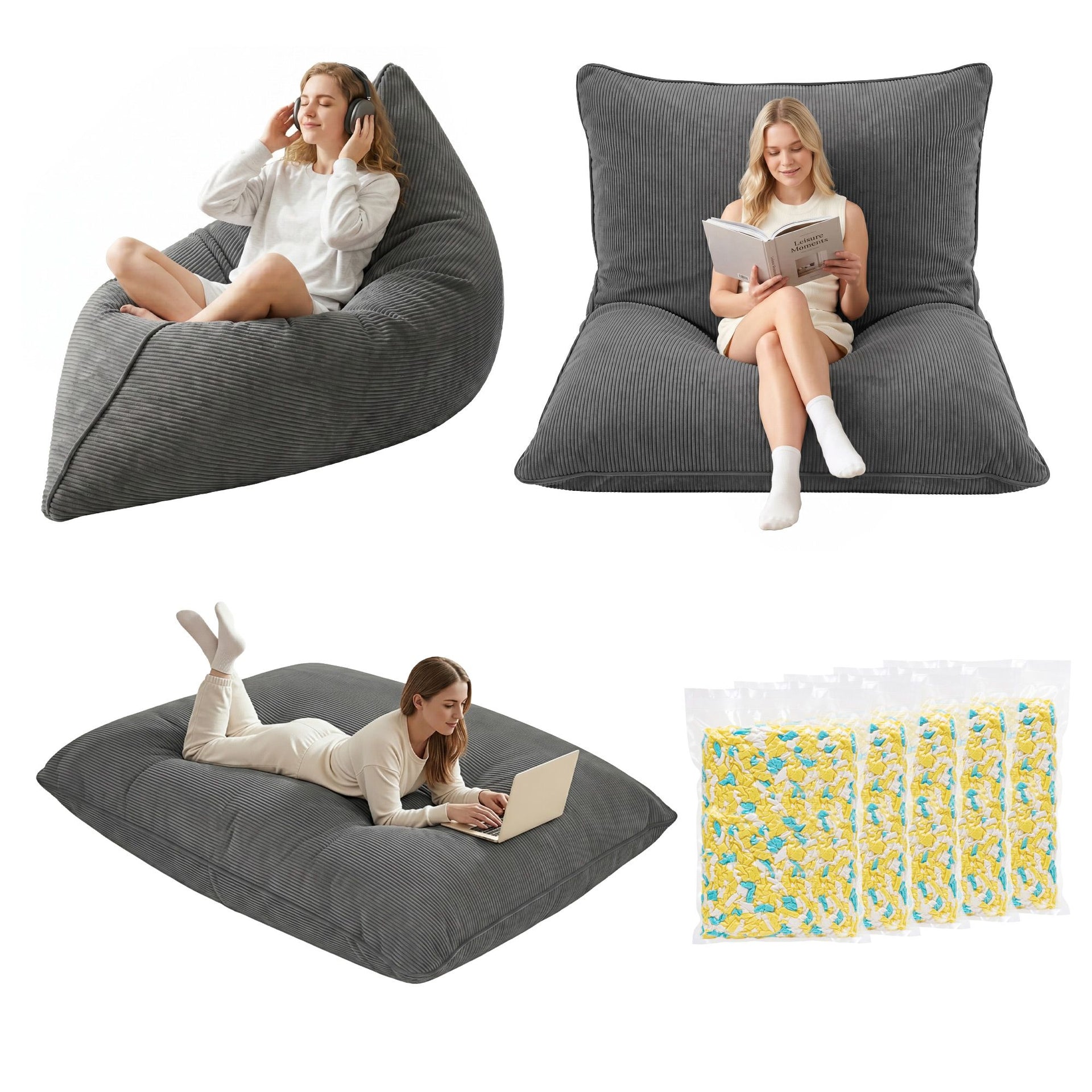 Artiss 3 in 1 Bean Bag Chair with Filler Convertible Bean Bag for Adults, Corduroy DIY Stuffed Bean Bag Sofa Washable for Living Room Bedroom, Grey Awezingly
