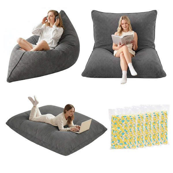 Artiss 3 in 1 Bean Bag Chair with Filler Convertible Bean Bag for Adults, Corduroy DIY Stuffed Bean Bag Sofa Washable for Living Room Bedroom, Grey Awezingly