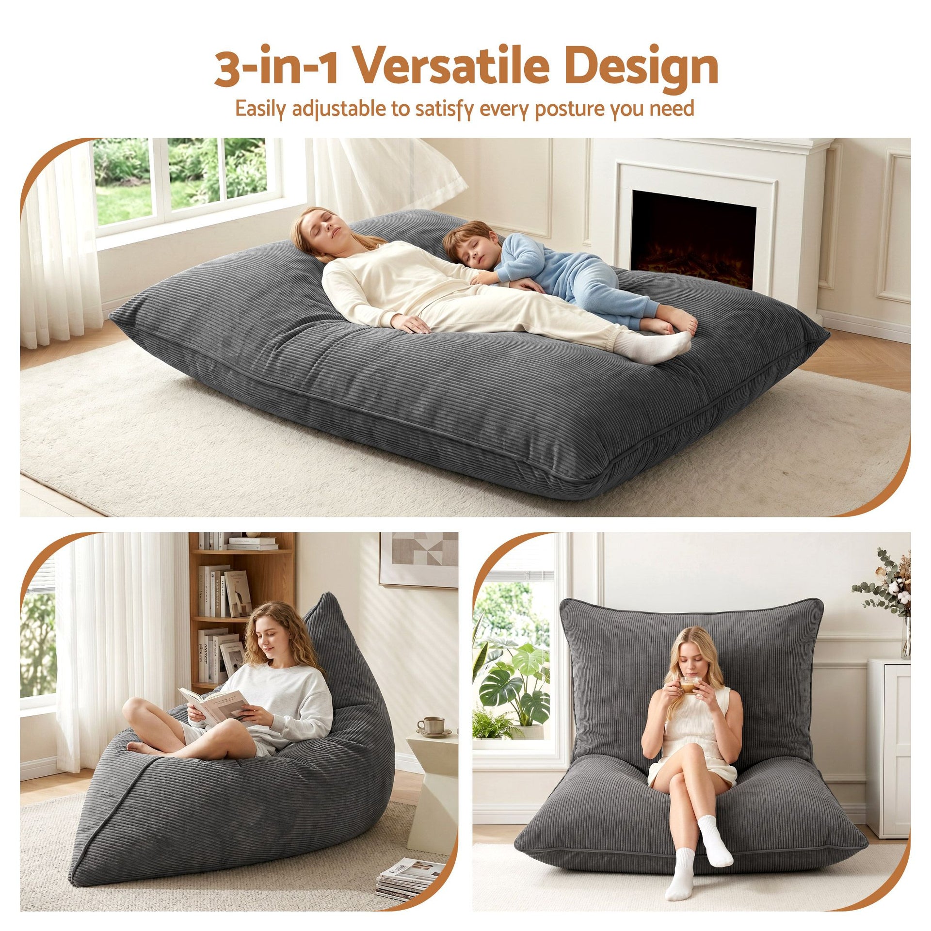 Artiss 3 in 1 Bean Bag Chair with Filler Convertible Bean Bag for Adults, Corduroy DIY Stuffed Bean Bag Sofa Washable for Living Room Bedroom, Grey Awezingly