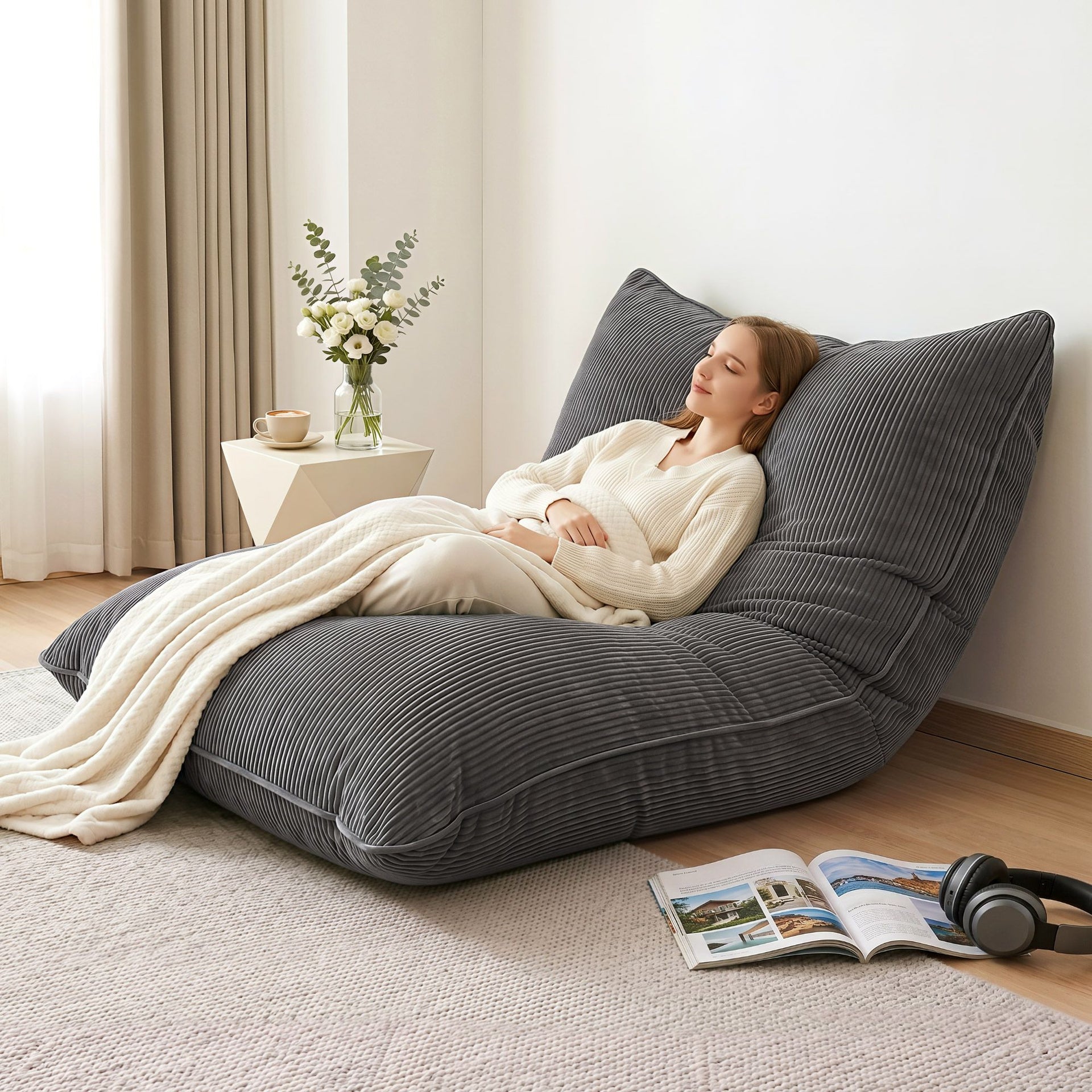 Artiss 3 in 1 Bean Bag Chair with Filler Convertible Bean Bag for Adults, Corduroy DIY Stuffed Bean Bag Sofa Washable for Living Room Bedroom, Grey Awezingly