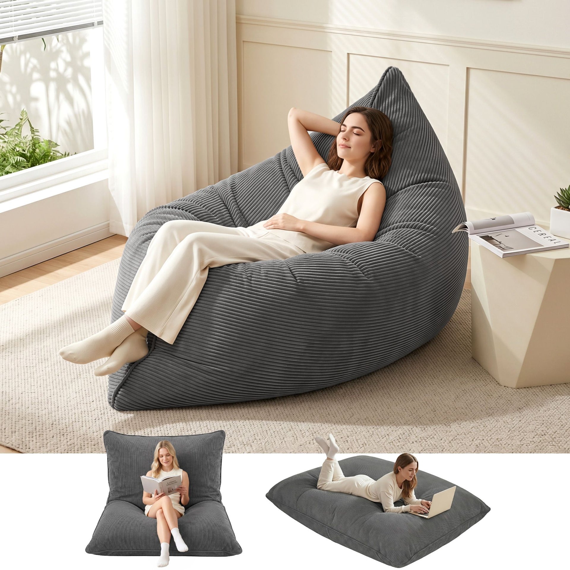 Artiss 3 in 1 Bean Bag Chair with Filler Convertible Bean Bag for Adults, Corduroy DIY Stuffed Bean Bag Sofa Washable for Living Room Bedroom, Grey Awezingly
