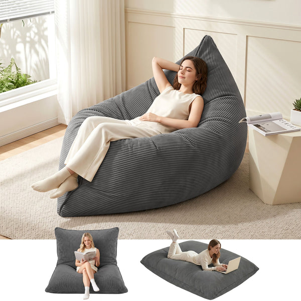 Artiss 3 in 1 Bean Bag Chair with Filler Convertible Bean Bag for Adults, Corduroy DIY Stuffed Bean Bag Sofa Washable for Living Room Bedroom, Grey Awezingly