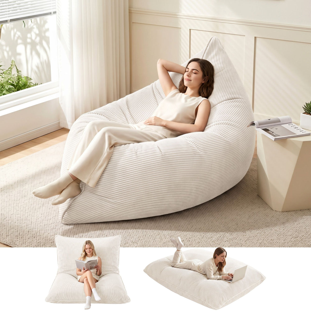 Artiss 3 in 1 Bean Bag Chair Cover (No Filler) Convertible Bean Bag for Adults, Corduroy Stuffed Animal Storage Bean Bag Cover Washable for Living Room Bedroom, Beige Awezingly