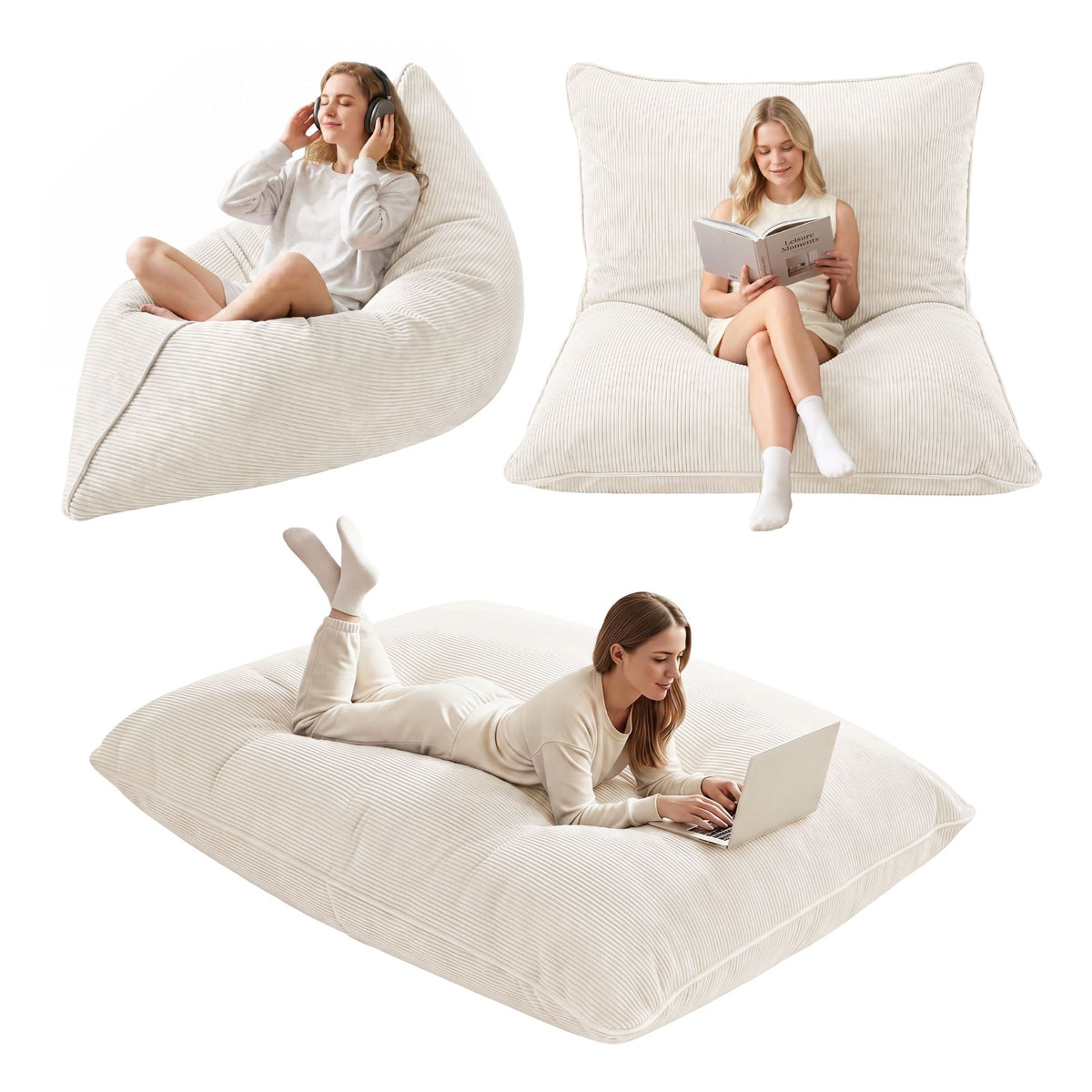 Artiss 3 in 1 Bean Bag Chair Cover (No Filler) Convertible Bean Bag for Adults, Corduroy Stuffed Animal Storage Bean Bag Cover Washable for Living Room Bedroom, Beige Awezingly