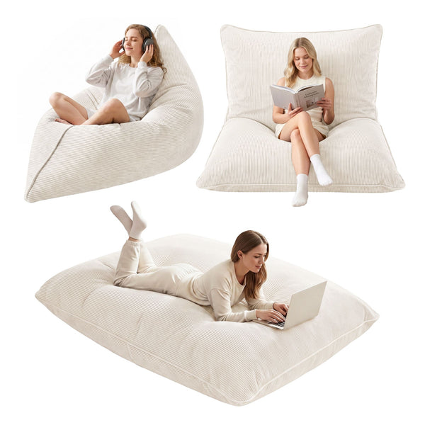Artiss 3 in 1 Bean Bag Chair Cover (No Filler) Convertible Bean Bag for Adults, Corduroy Stuffed Animal Storage Bean Bag Cover Washable for Living Room Bedroom, Beige Awezingly