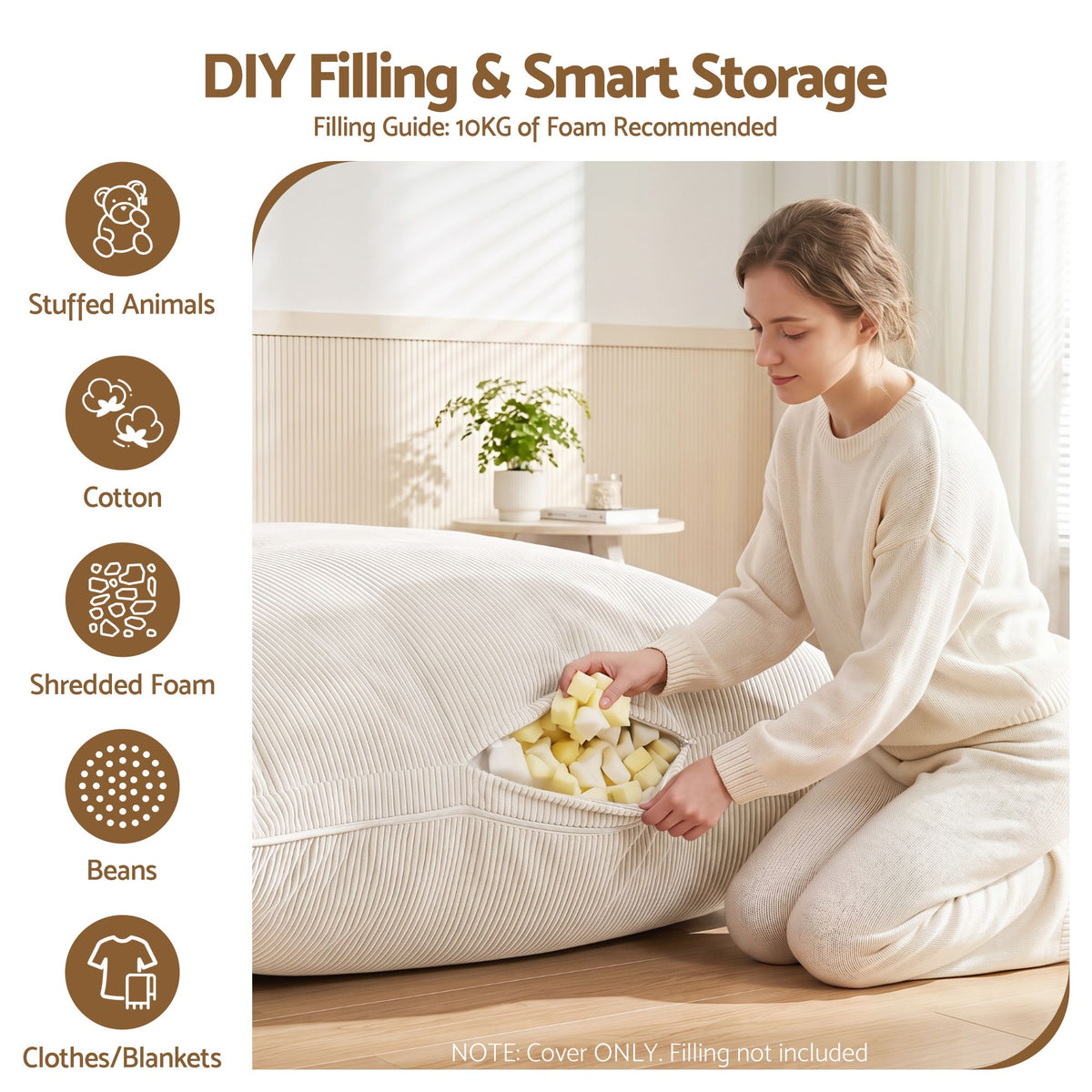 Artiss 3 in 1 Bean Bag Chair Cover (No Filler) Convertible Bean Bag for Adults, Corduroy Stuffed Animal Storage Bean Bag Cover Washable for Living Room Bedroom, Beige Awezingly