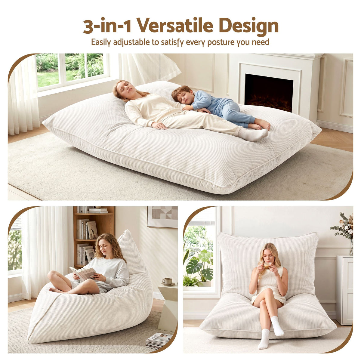 Artiss 3 in 1 Bean Bag Chair Cover (No Filler) Convertible Bean Bag for Adults, Corduroy Stuffed Animal Storage Bean Bag Cover Washable for Living Room Bedroom, Beige Awezingly