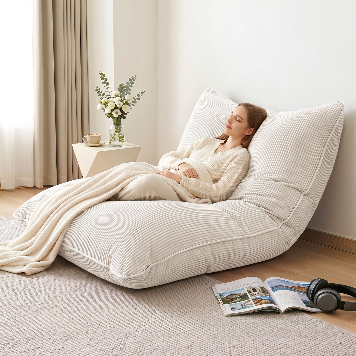 Artiss 3 in 1 Bean Bag Chair Cover (No Filler) Convertible Bean Bag for Adults, Corduroy Stuffed Animal Storage Bean Bag Cover Washable for Living Room Bedroom, Beige Awezingly