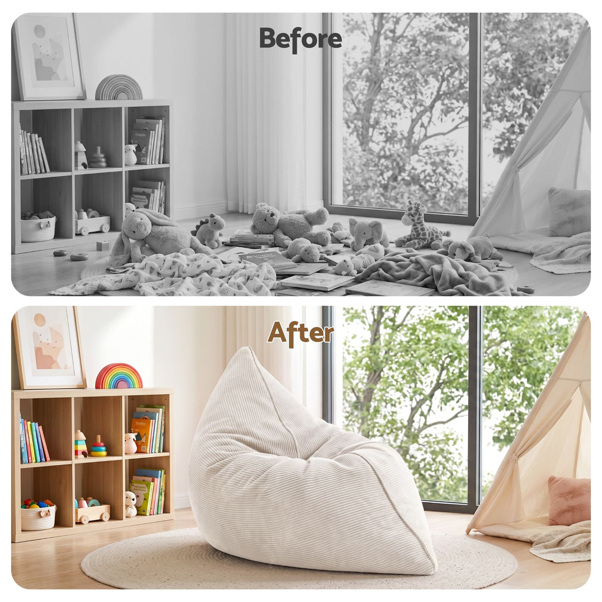 Artiss 3 in 1 Bean Bag Chair Cover (No Filler) Convertible Bean Bag for Adults, Corduroy Stuffed Animal Storage Bean Bag Cover Washable for Living Room Bedroom, Beige Awezingly