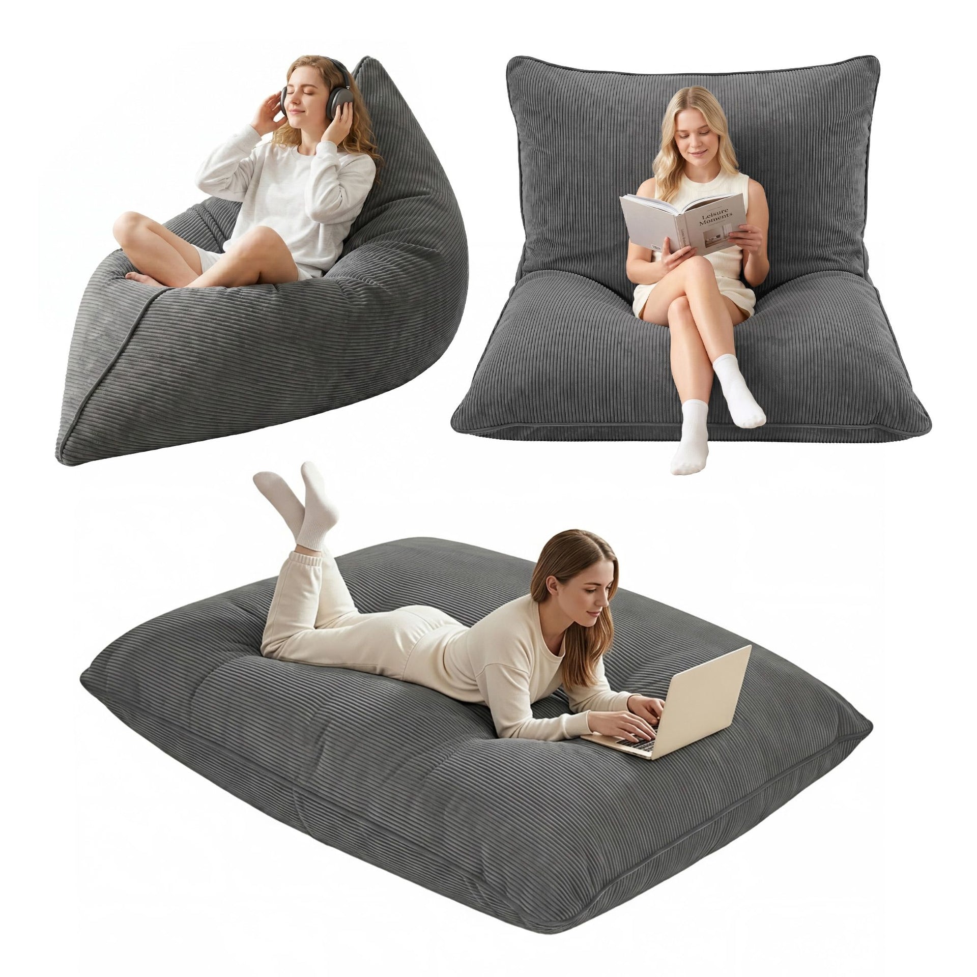 Artiss 3 in 1 Bean Bag Chair Cover (No Filler) Convertible Bean Bag for Adults, Corduroy Stuffed Animal Storage Bean Bag Cover Washable for Living Room Bedroom, Grey Awezingly