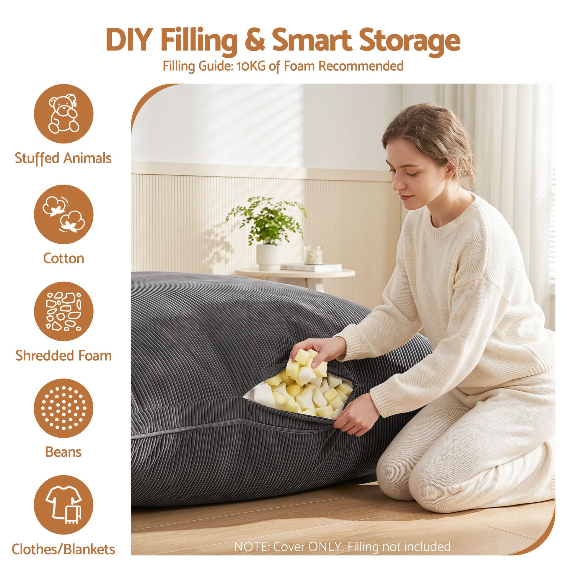 Artiss 3 in 1 Bean Bag Chair Cover (No Filler) Convertible Bean Bag for Adults, Corduroy Stuffed Animal Storage Bean Bag Cover Washable for Living Room Bedroom, Grey Awezingly
