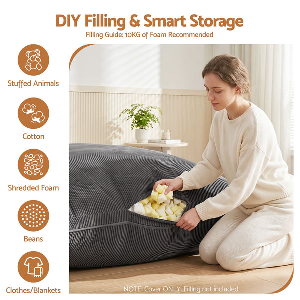 Artiss 3 in 1 Bean Bag Chair Cover (No Filler) Convertible Bean Bag for Adults, Corduroy Stuffed Animal Storage Bean Bag Cover Washable for Living Room Bedroom, Grey Awezingly