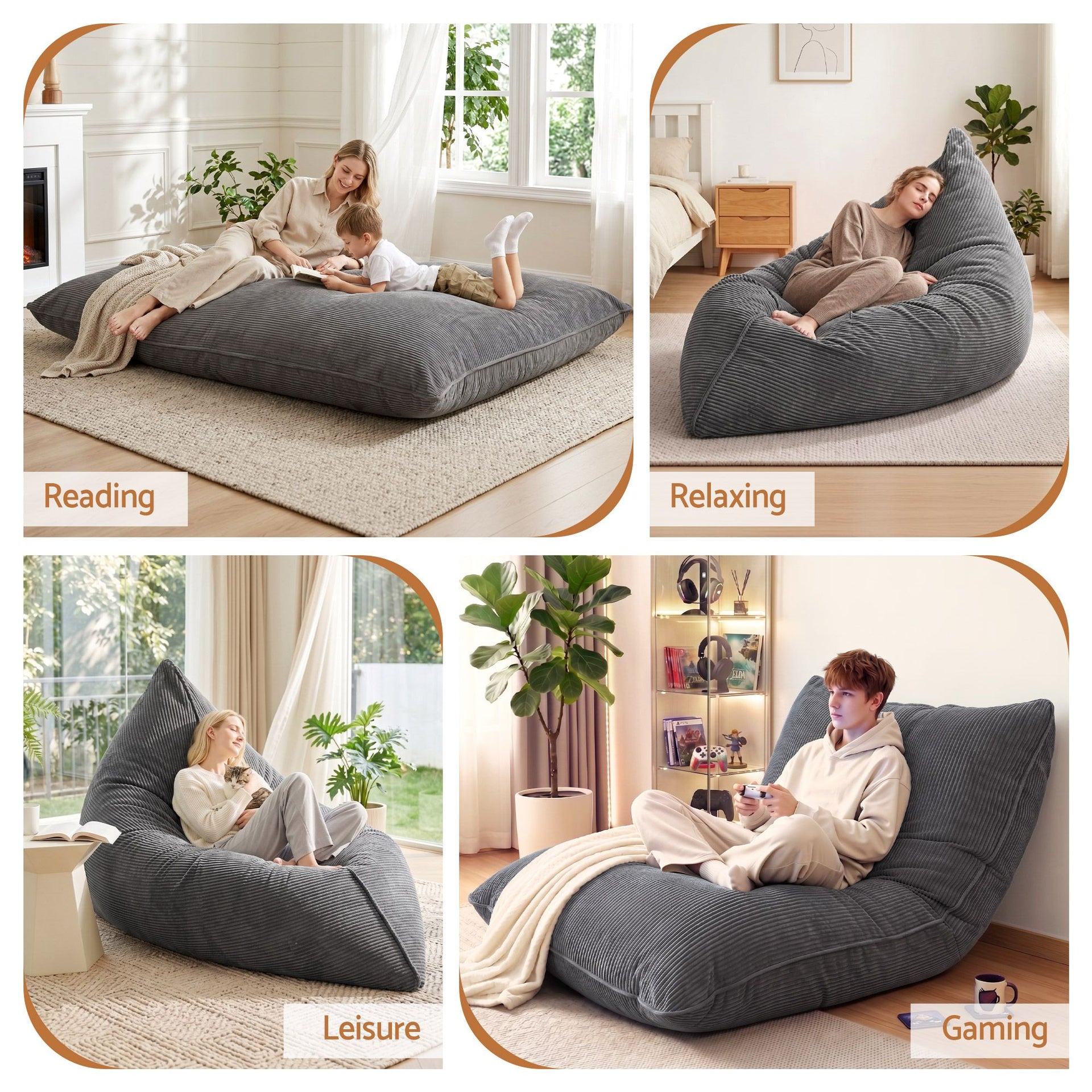Artiss 3 in 1 Bean Bag Chair Cover (No Filler) Convertible Bean Bag for Adults, Corduroy Stuffed Animal Storage Bean Bag Cover Washable for Living Room Bedroom, Grey Awezingly