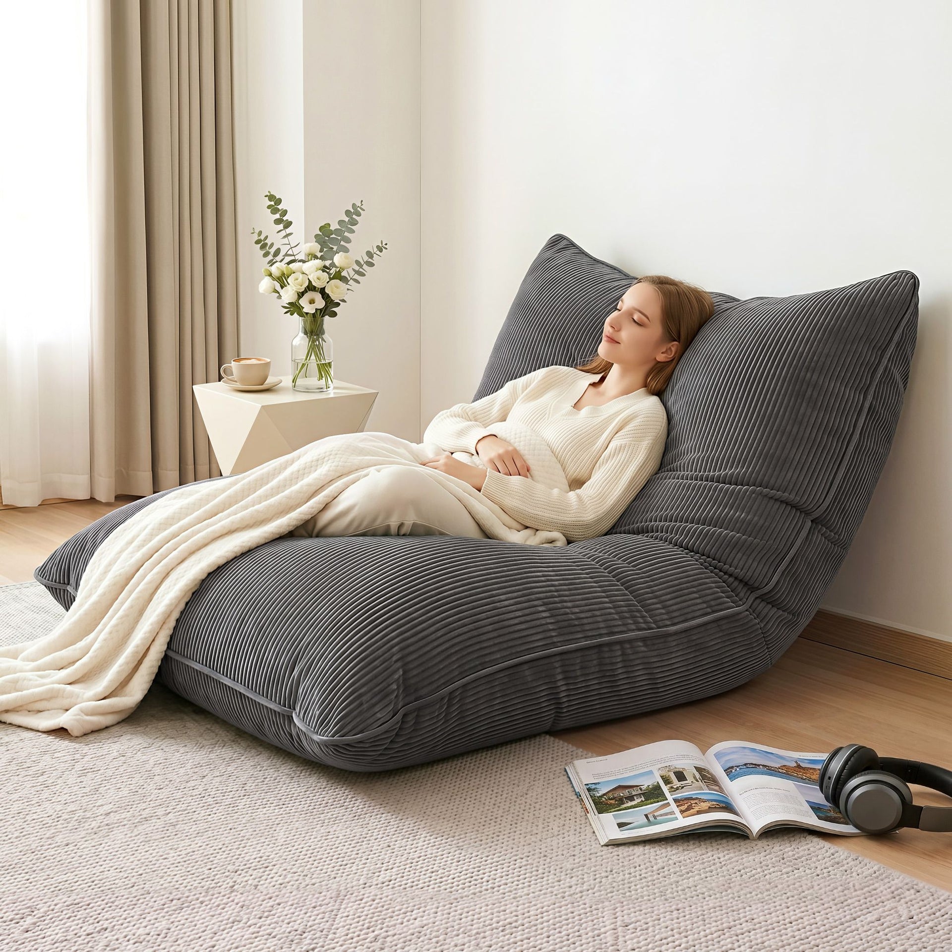 Artiss 3 in 1 Bean Bag Chair Cover (No Filler) Convertible Bean Bag for Adults, Corduroy Stuffed Animal Storage Bean Bag Cover Washable for Living Room Bedroom, Grey Awezingly