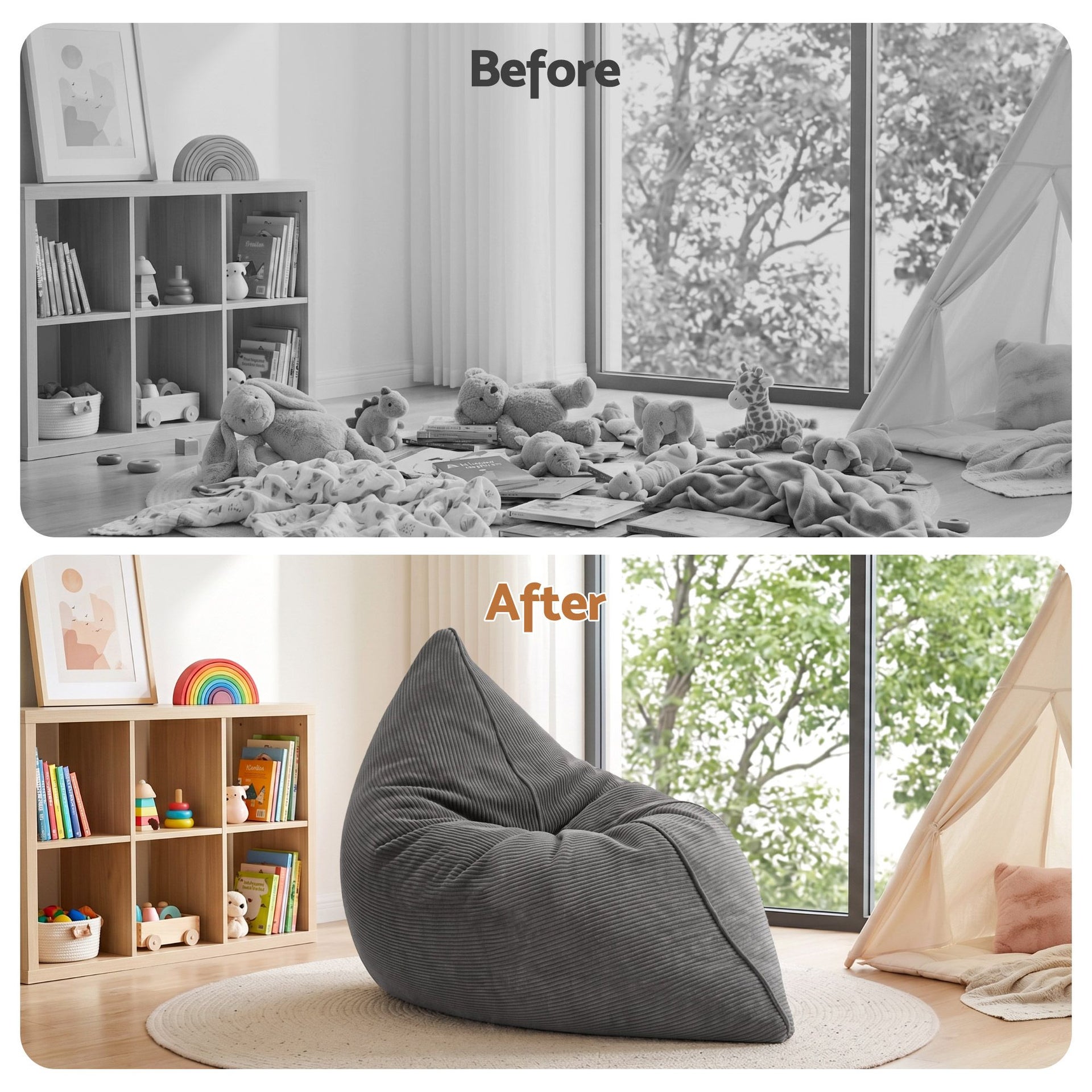Artiss 3 in 1 Bean Bag Chair Cover (No Filler) Convertible Bean Bag for Adults, Corduroy Stuffed Animal Storage Bean Bag Cover Washable for Living Room Bedroom, Grey Awezingly