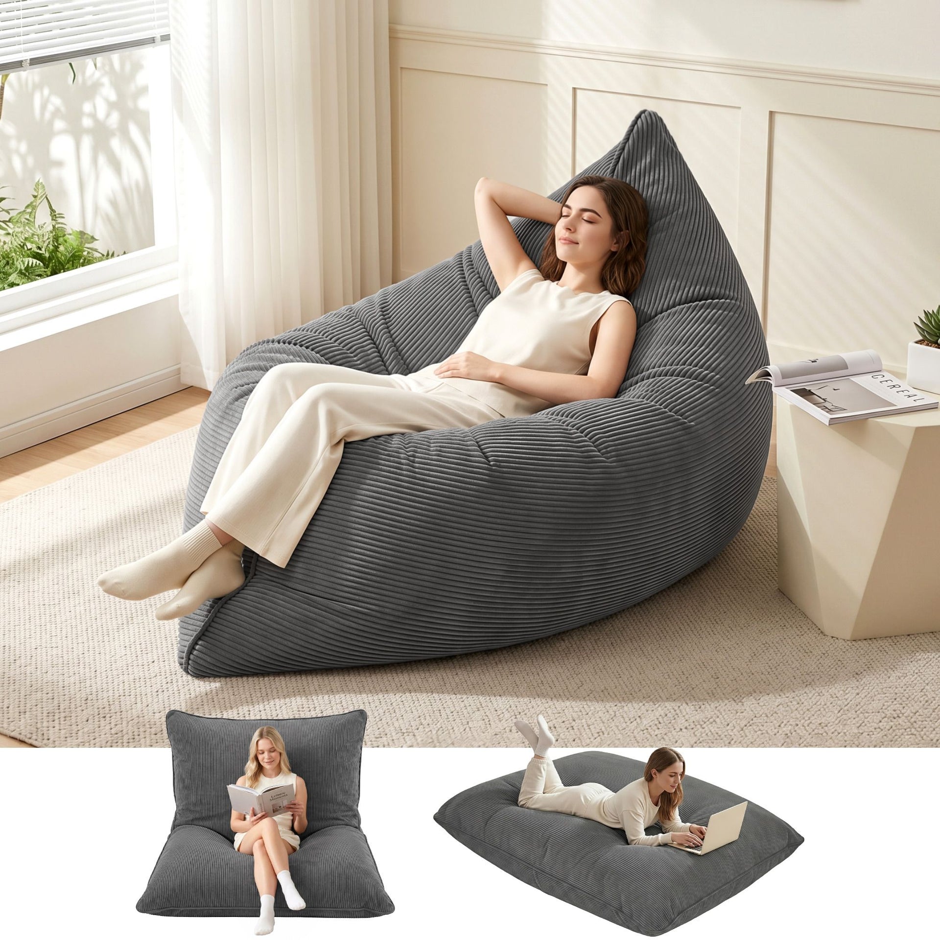 Artiss 3 in 1 Bean Bag Chair Cover (No Filler) Convertible Bean Bag for Adults, Corduroy Stuffed Animal Storage Bean Bag Cover Washable for Living Room Bedroom, Grey Awezingly