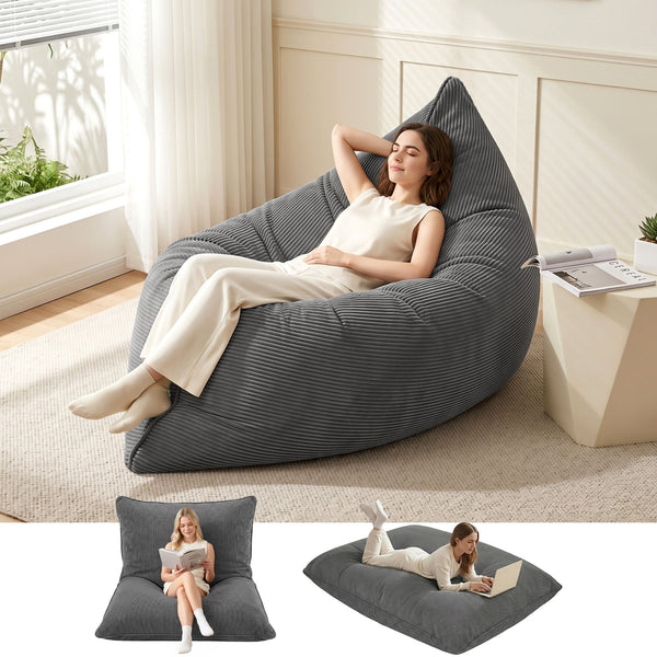 Artiss 3 in 1 Bean Bag Chair Cover (No Filler) Convertible Bean Bag for Adults, Corduroy Stuffed Animal Storage Bean Bag Cover Washable for Living Room Bedroom, Grey Awezingly