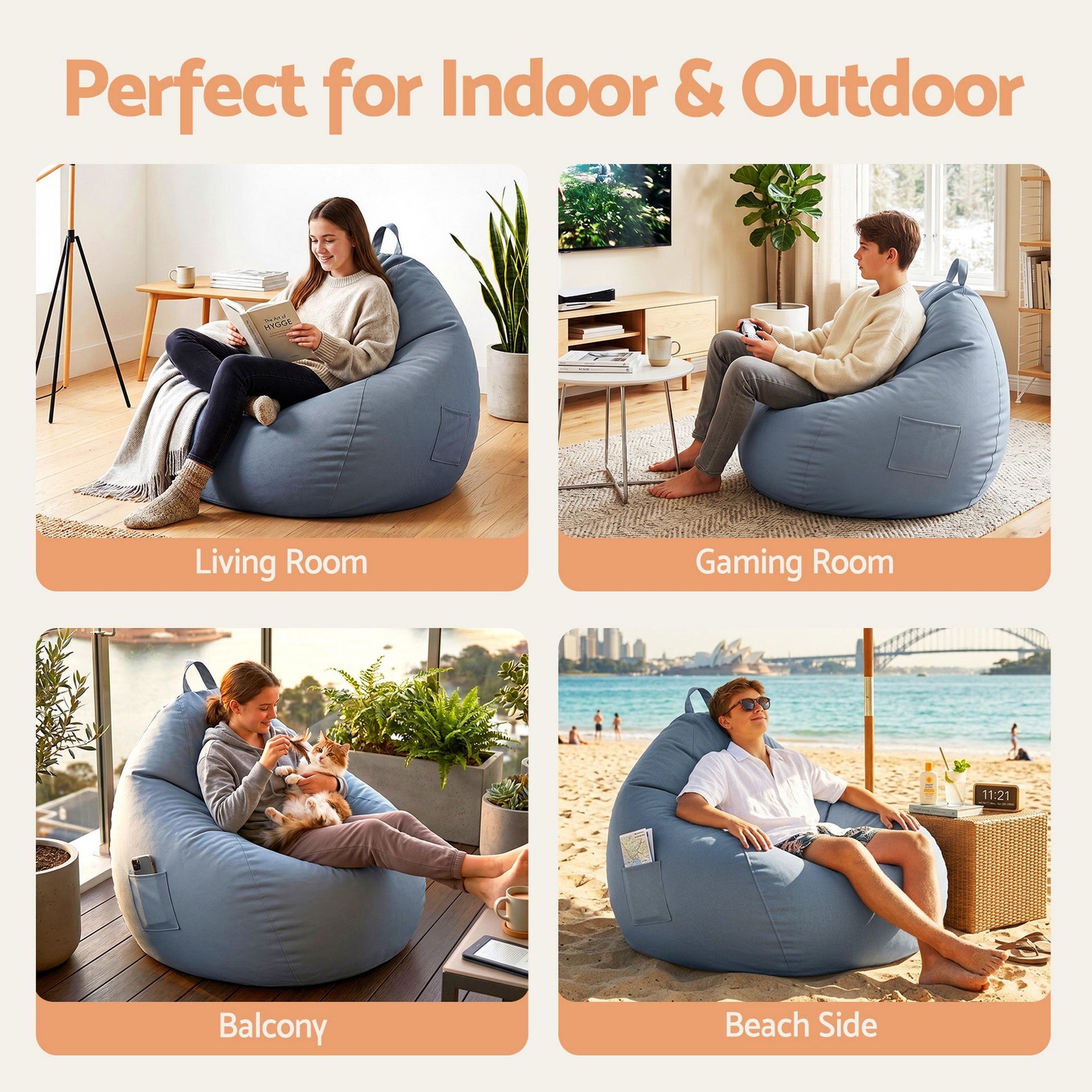 Artiss Outdoor Bean Bag Chair Cover (No Filler) Splash-Proof Beanbag Sofacover for Adults Teens Kids Stuffable Bean Bag Cover for Patio Poolside Relaxing, Grey Awezingly