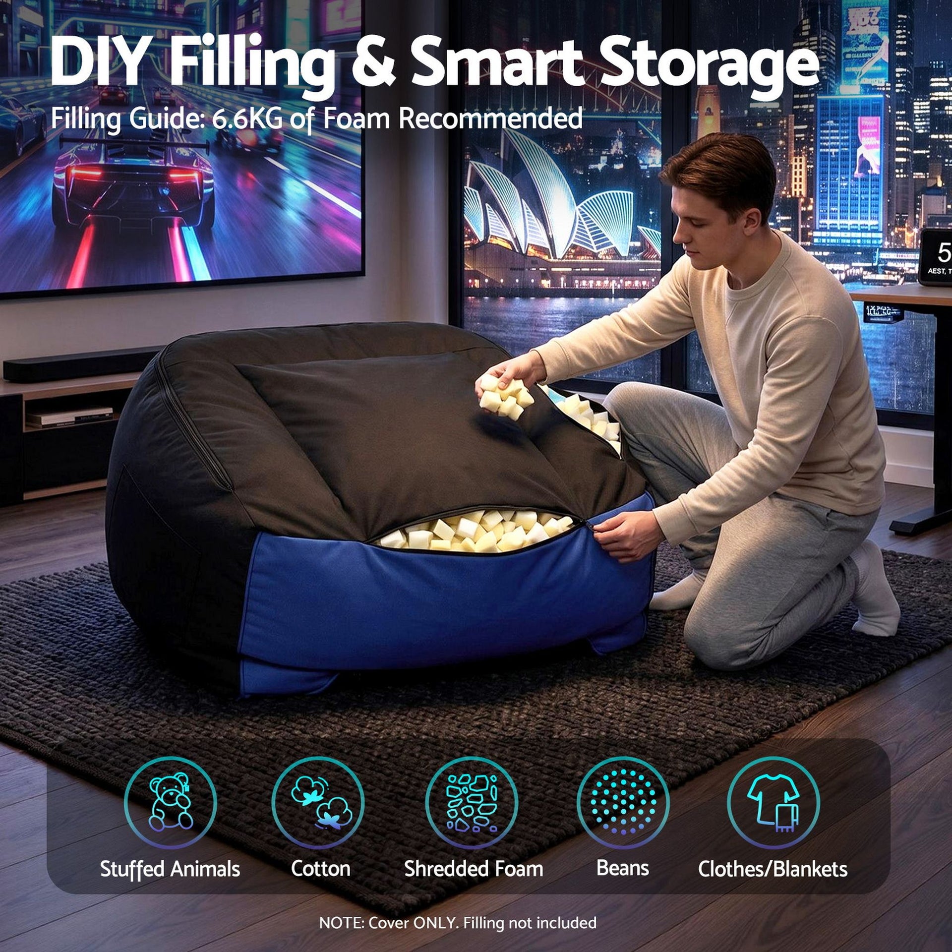 Artiss Gaming Bean Bag Chair Cover (No Filler) for Adults Teens Kids Splash-Proof Floor Gaming Chair Cover with Side Pockets, Headphone Hanger, Cup Holder, Bean Bag Cover Only Awezingly