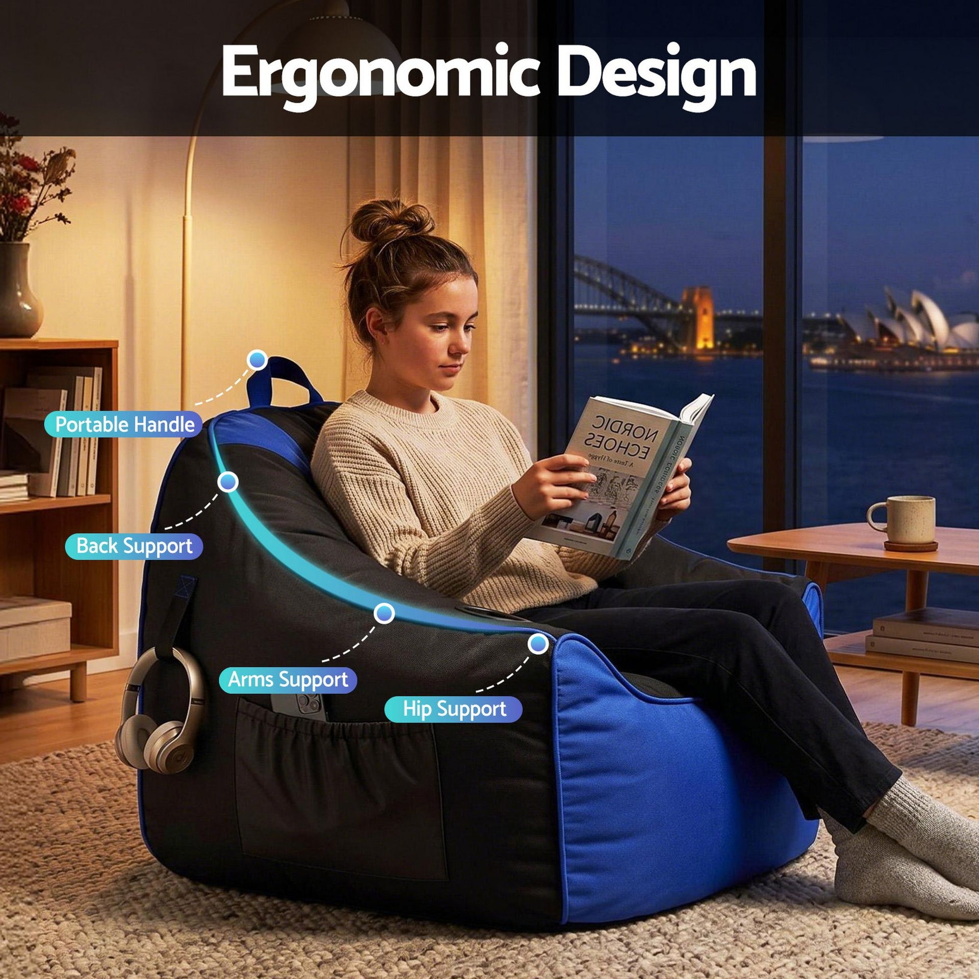 Artiss Gaming Bean Bag Chair Cover (No Filler) for Adults Teens Kids Splash-Proof Floor Gaming Chair Cover with Side Pockets, Headphone Hanger, Cup Holder, Bean Bag Cover Only Awezingly