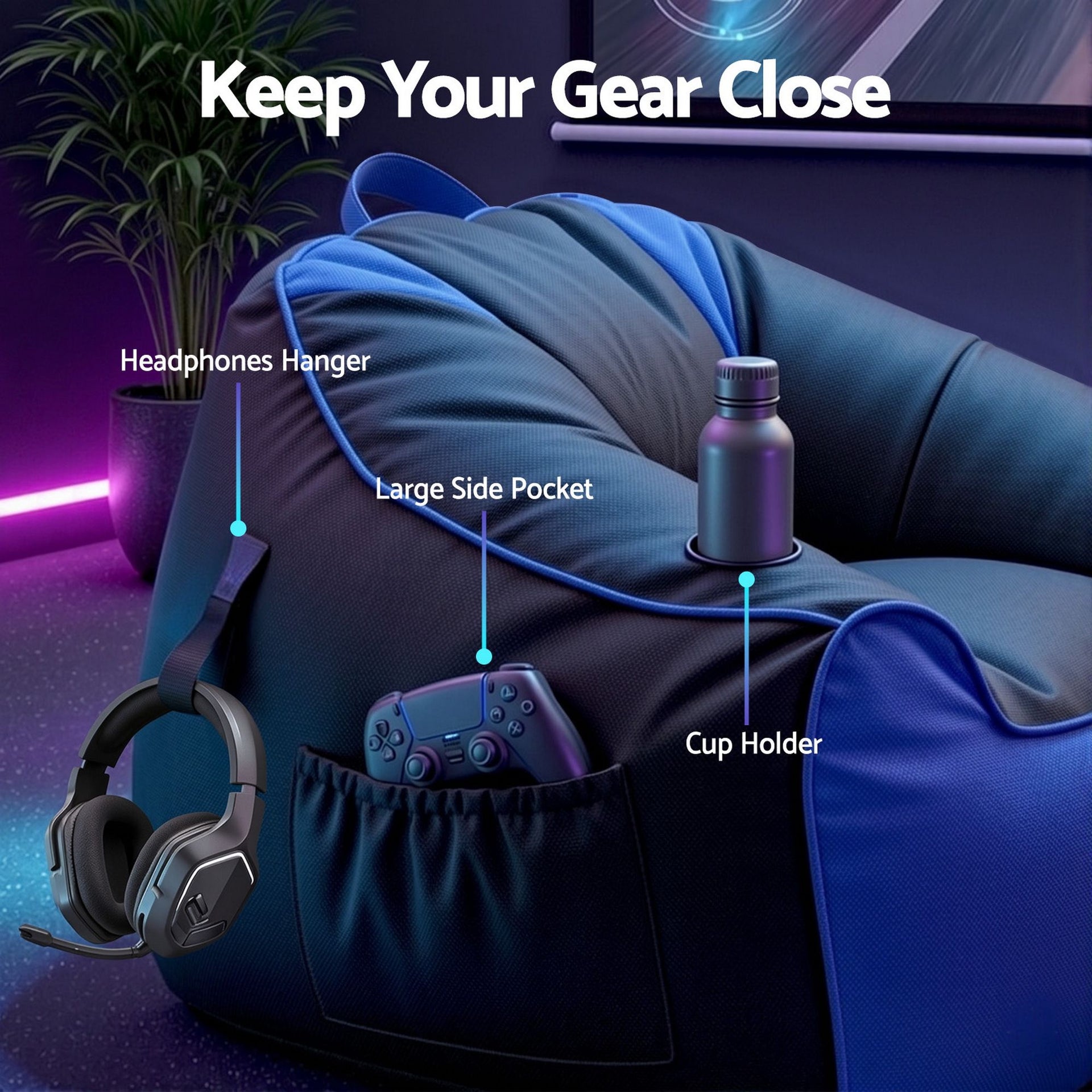 Artiss Gaming Bean Bag Chair Cover (No Filler) for Adults Teens Kids Splash-Proof Floor Gaming Chair Cover with Side Pockets, Headphone Hanger, Cup Holder, Bean Bag Cover Only Awezingly
