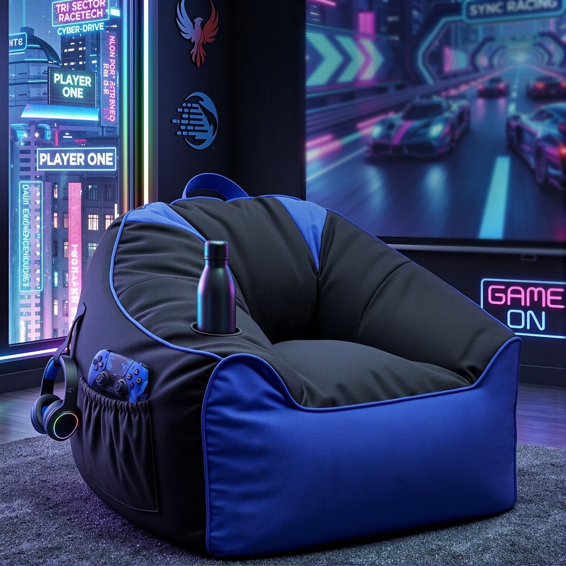 Artiss Gaming Bean Bag Chair Cover (No Filler) for Adults Teens Kids Splash-Proof Floor Gaming Chair Cover with Side Pockets, Headphone Hanger, Cup Holder, Bean Bag Cover Only Awezingly