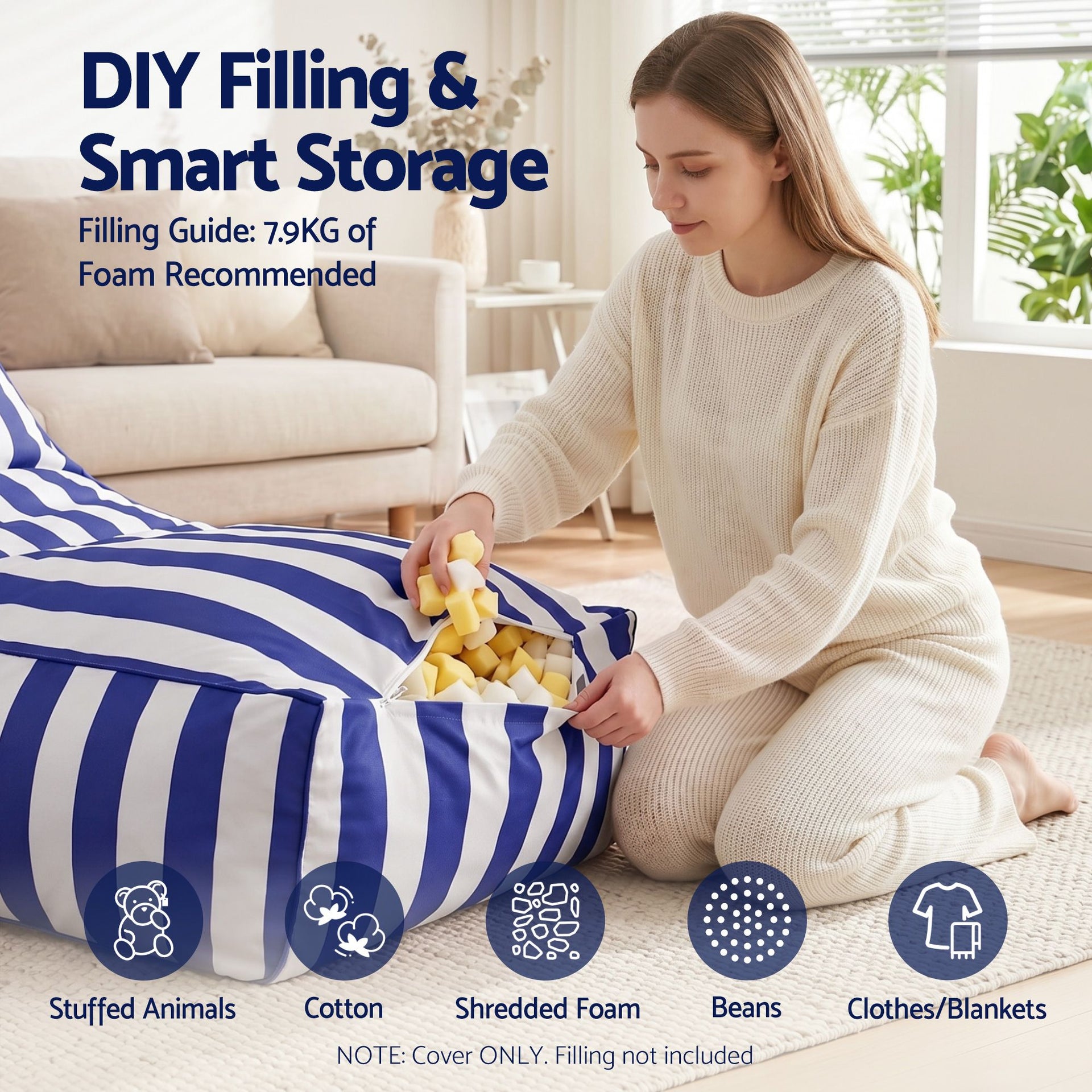 Artiss Outdoor Bean Bag Chair Cover (No Filler) Splash-Proof Beanbag Lounge Sofacover Stuffed Animal Storage Bean Bag Cover for Patio Poolside Relaxing, Blue Awezingly