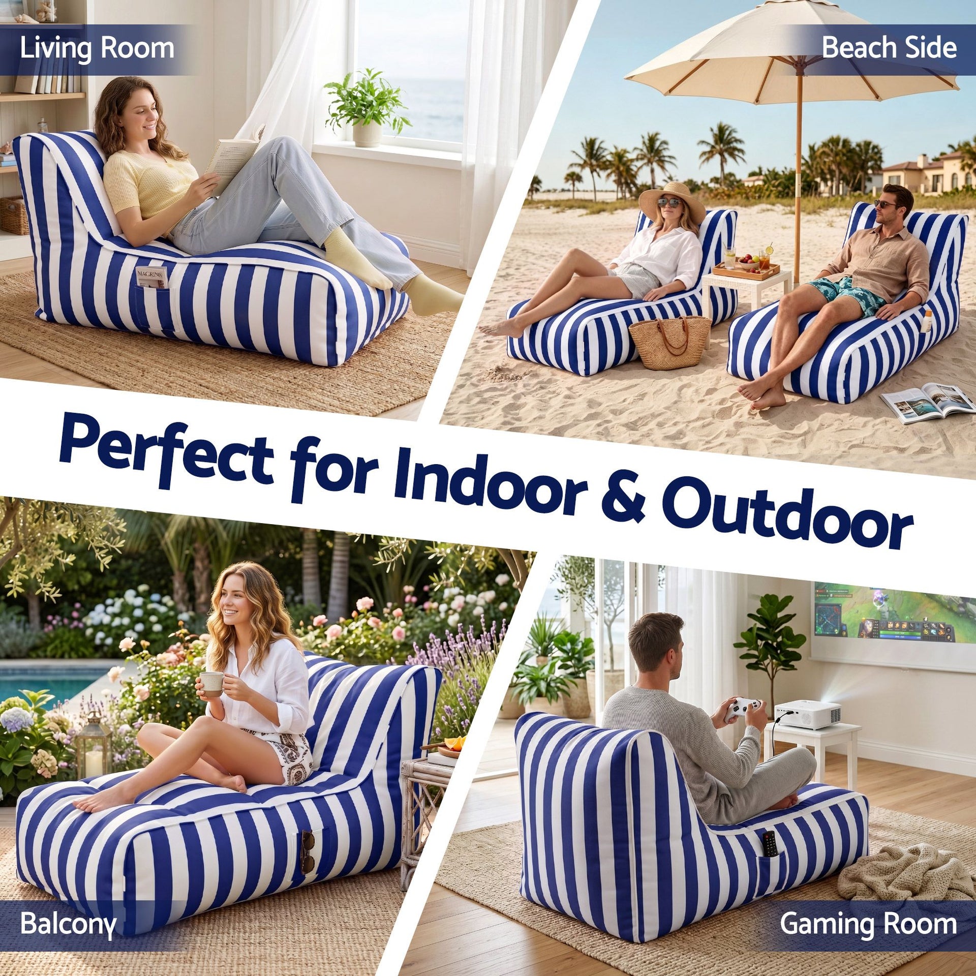 Artiss Outdoor Bean Bag Chair Cover (No Filler) Splash-Proof Beanbag Lounge Sofacover Stuffed Animal Storage Bean Bag Cover for Patio Poolside Relaxing, Blue Awezingly