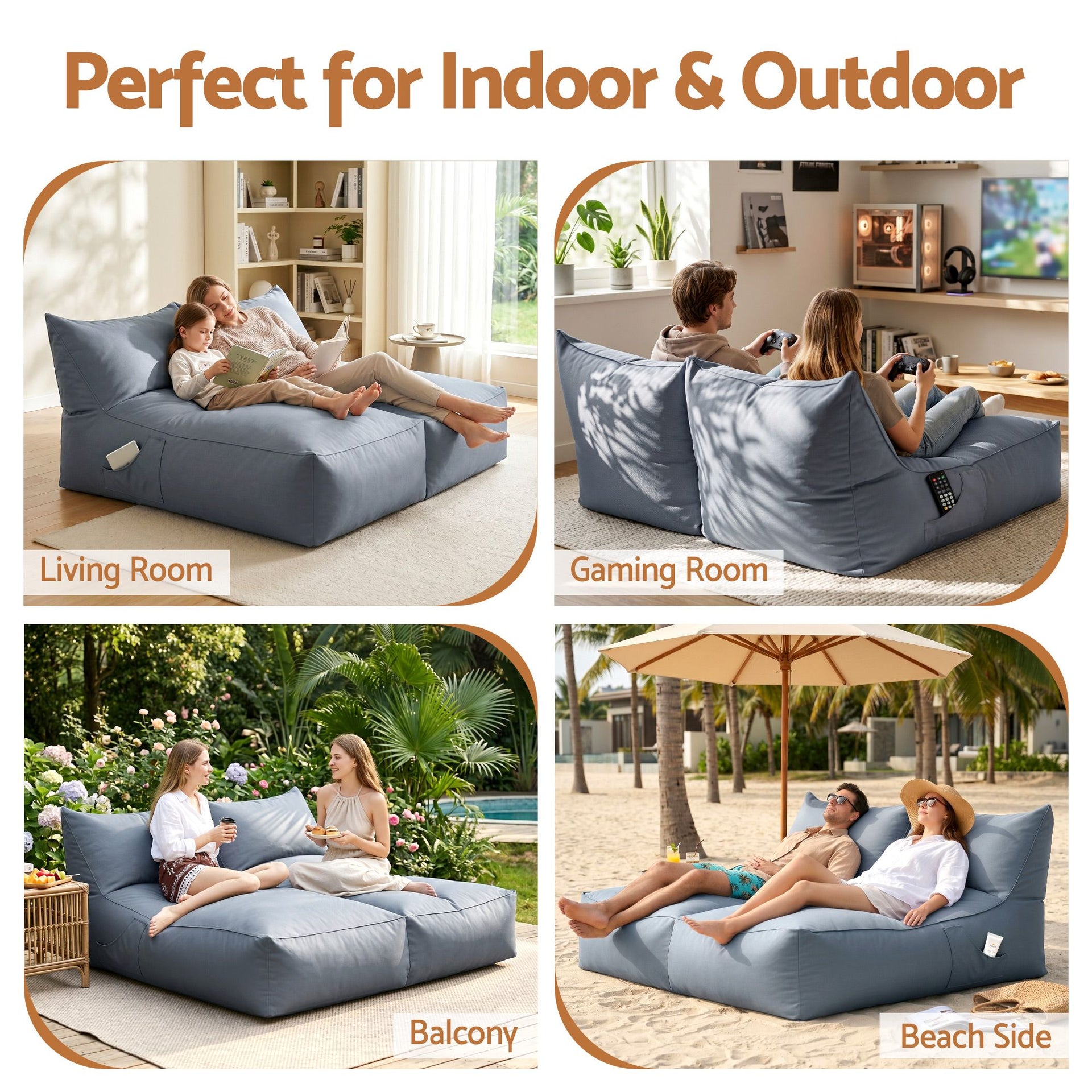 Artiss Outdoor Bean Bag Chair Cover (No Filler) 2 Seater Beanbag Lounge Sofacover Adults Splash-Proof Large Bean Bag Cover for Patio Poolside Relaxing Indoor, Grey Awezingly