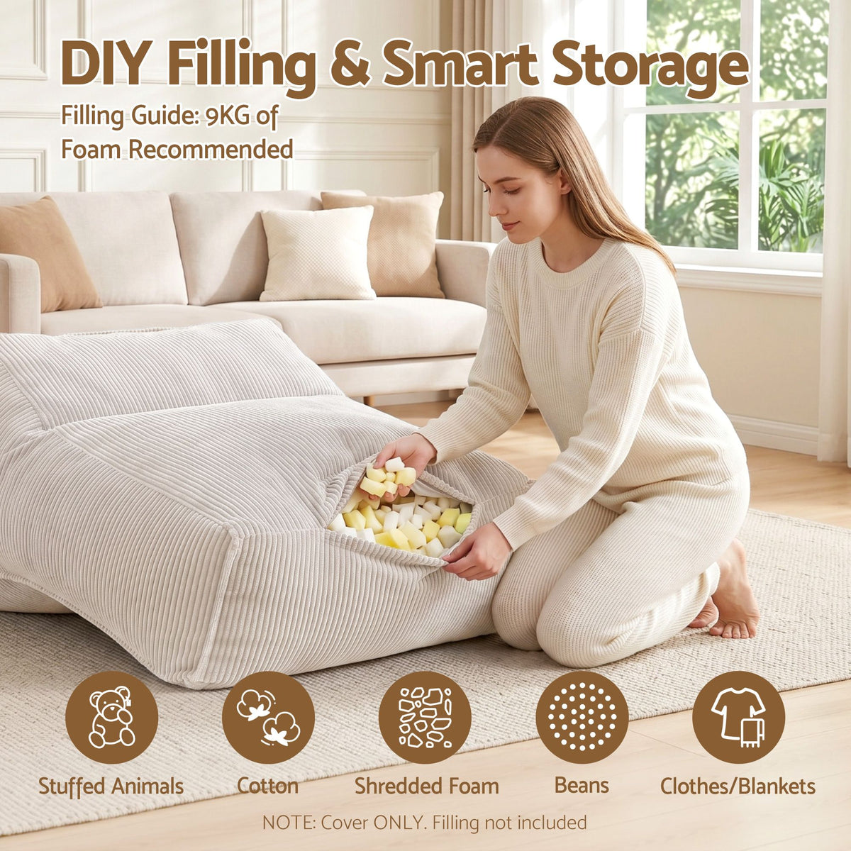 Artiss Bean Bag Chair Cover (No Filler) Soft Corduroy Stuffed Animal Storage Bean Bag Cover for Adults, Washable Lazy Sofa Cover for Living Room Bedroom, Beige Awezingly