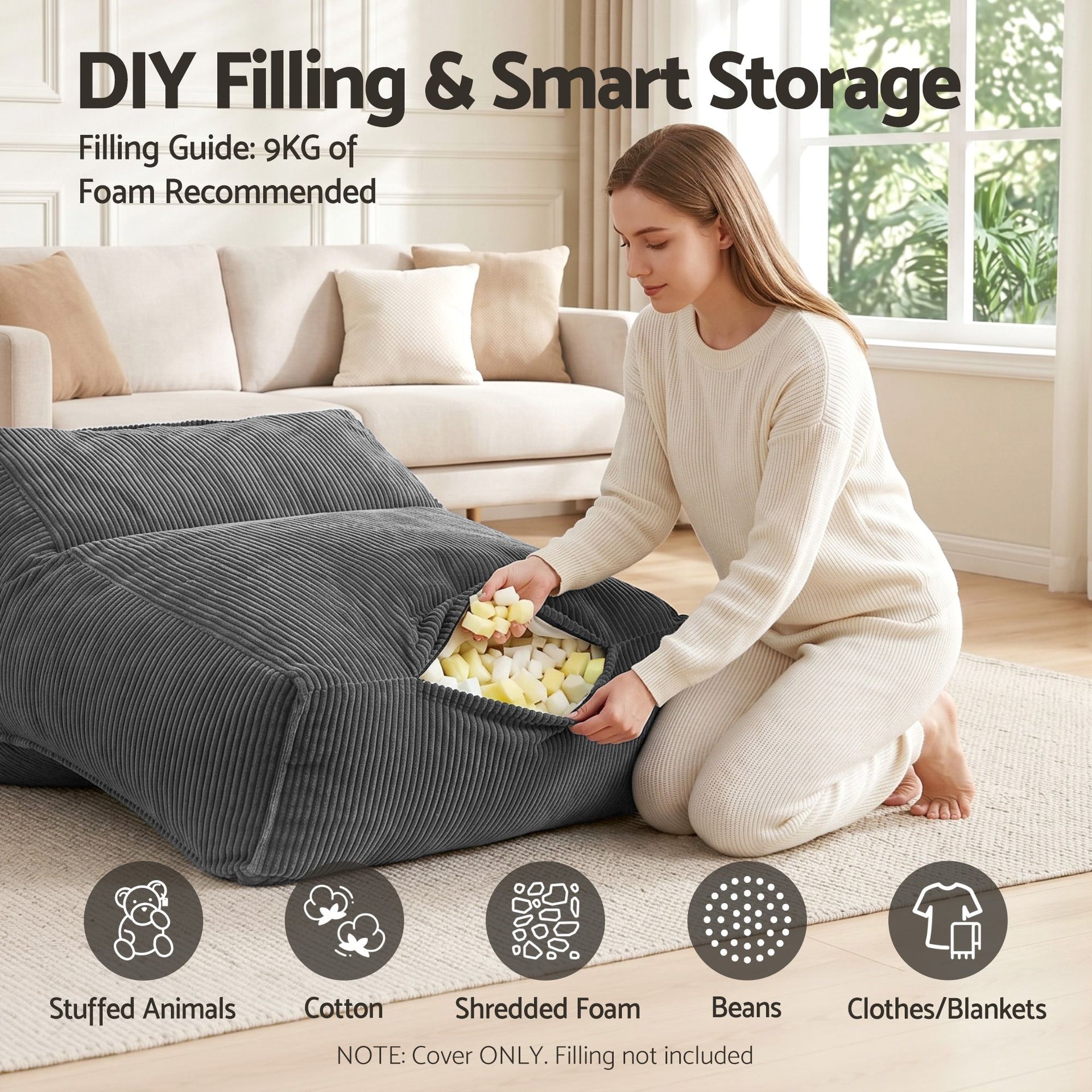Artiss Bean Bag Chair Cover (No Filler) Soft Corduroy Stuffed Animal Storage Bean Bag Cover for Adults, Washable Lazy Sofa Cover for Living Room Bedroom, Grey Awezingly