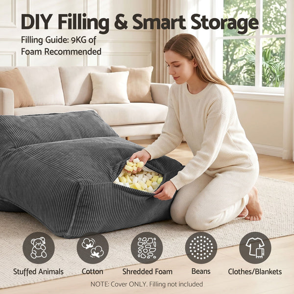Artiss Bean Bag Chair Cover (No Filler) Soft Corduroy Stuffed Animal Storage Bean Bag Cover for Adults, Washable Lazy Sofa Cover for Living Room Bedroom, Grey Awezingly