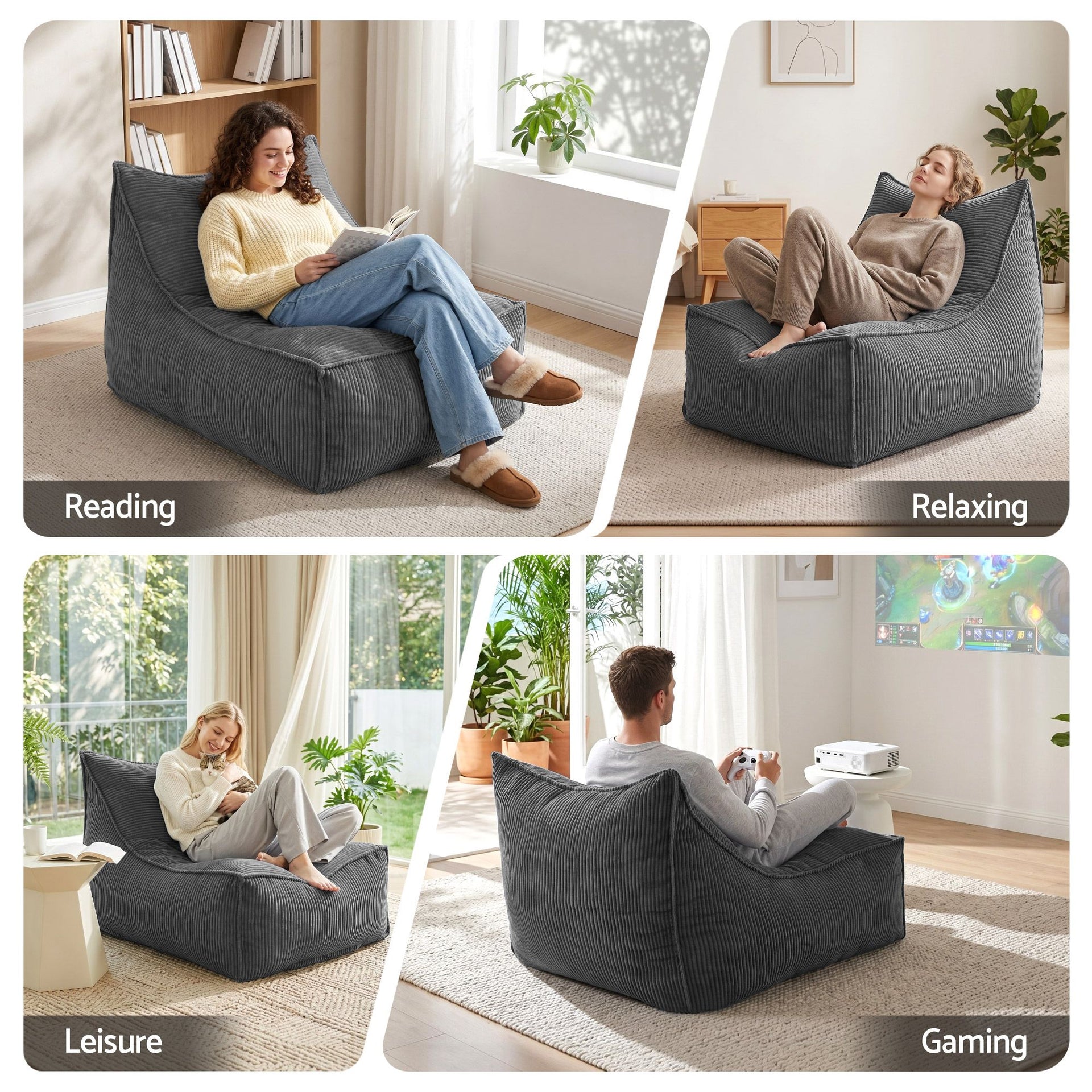Artiss Bean Bag Chair Cover (No Filler) Soft Corduroy Stuffed Animal Storage Bean Bag Cover for Adults, Washable Lazy Sofa Cover for Living Room Bedroom, Grey Awezingly