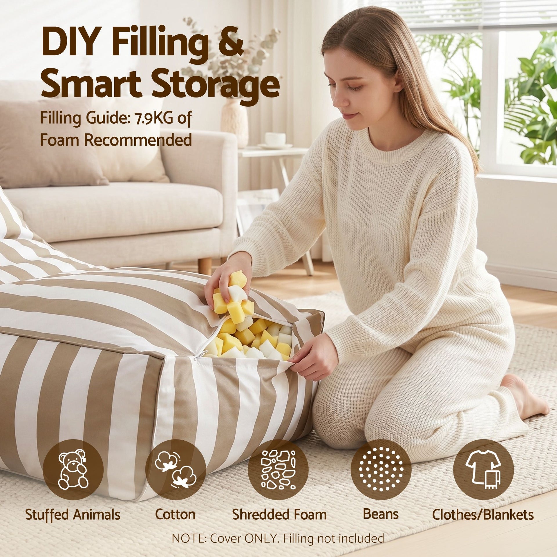 Artiss Outdoor Bean Bag Chair Cover (No Filler) Splash-Proof Beanbag Lounge Sofacover Stuffed Animal Storage Bean Bag Cover for Patio Poolside Relaxing, Taupe Awezingly