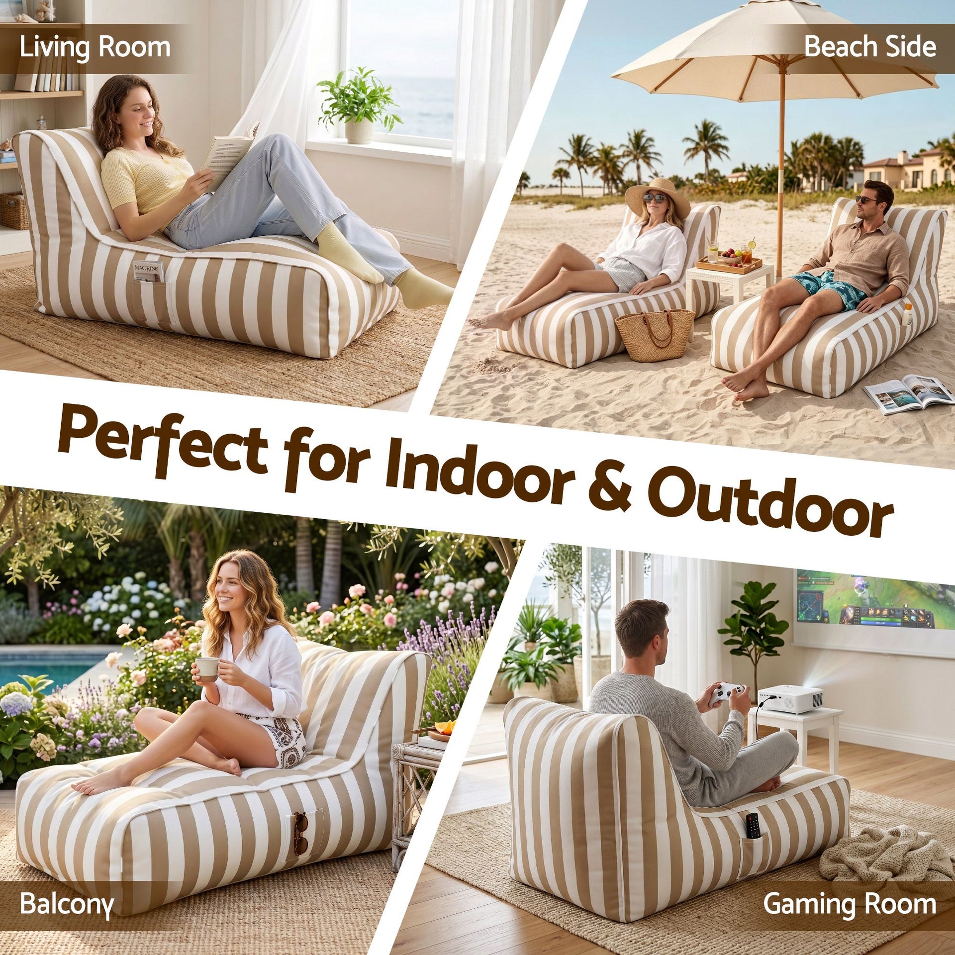Artiss Outdoor Bean Bag Chair Cover (No Filler) Splash-Proof Beanbag Lounge Sofacover Stuffed Animal Storage Bean Bag Cover for Patio Poolside Relaxing, Taupe Awezingly