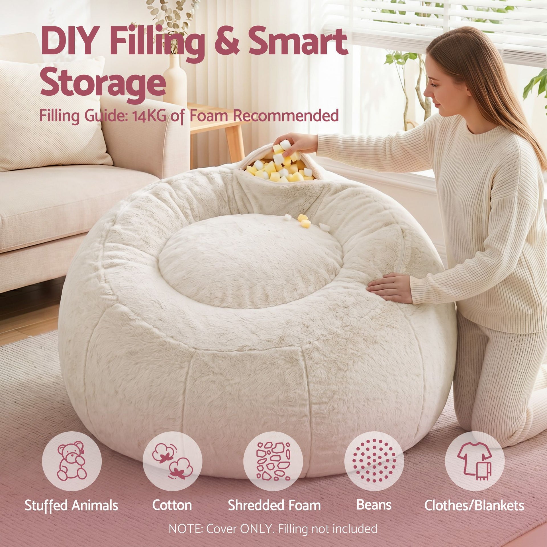 Artiss Bean Bag Chair Cover (No Filler) Soft Faux Fur Beanbag Cover Large Round Stuffed Animal Storage Bean Bag Cover Washable Lazy Sofa Cover for Adults Kids Teens, Beige Awezingly