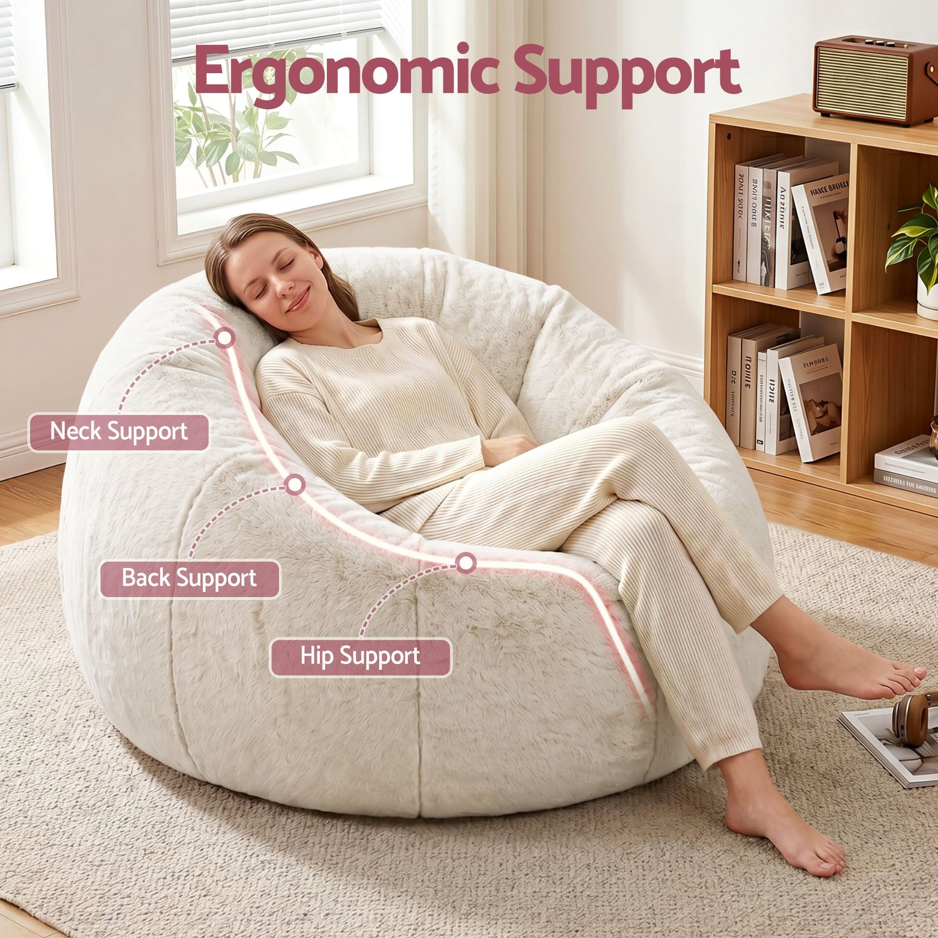 Artiss Bean Bag Chair Cover (No Filler) Soft Faux Fur Beanbag Cover Large Round Stuffed Animal Storage Bean Bag Cover Washable Lazy Sofa Cover for Adults Kids Teens, Beige Awezingly