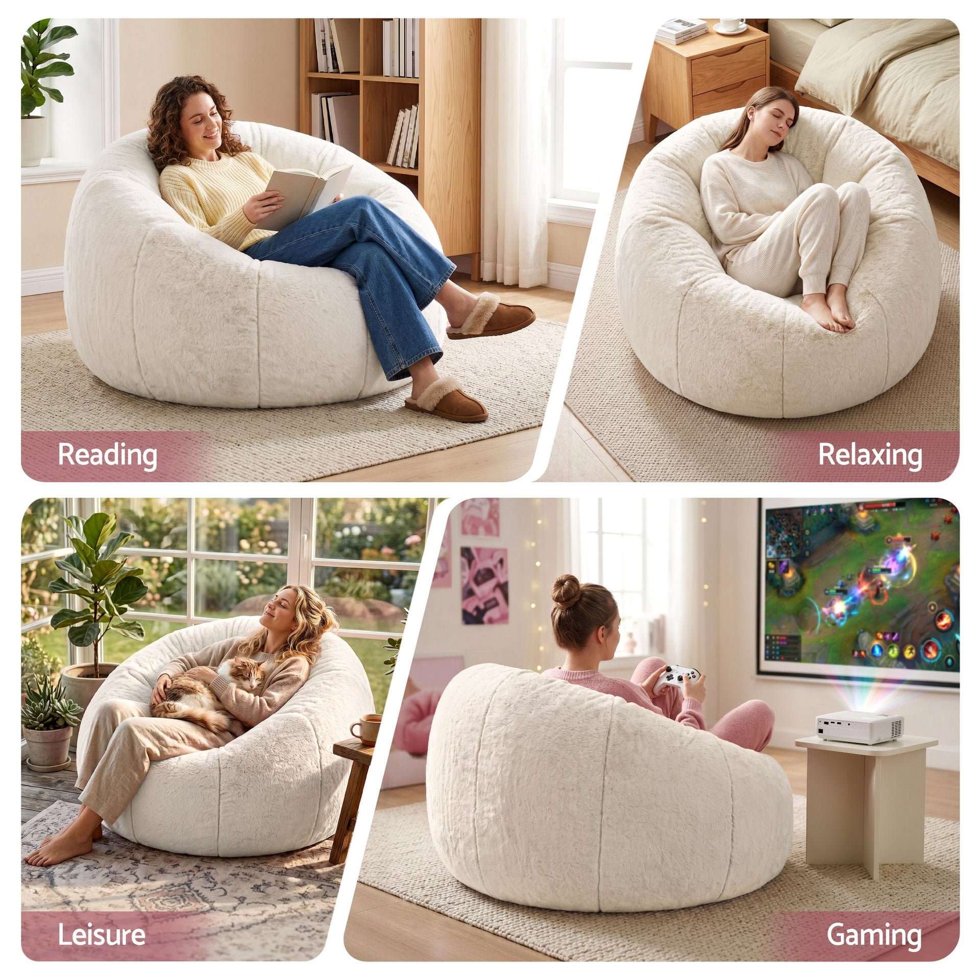 Artiss Bean Bag Chair Cover (No Filler) Soft Faux Fur Beanbag Cover Large Round Stuffed Animal Storage Bean Bag Cover Washable Lazy Sofa Cover for Adults Kids Teens, Beige Awezingly